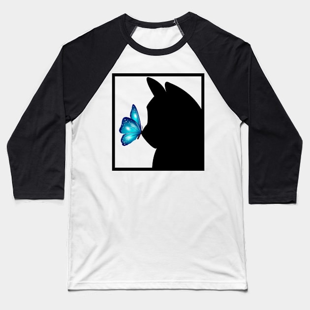 Blue Butterfly sitting on nose of Black Cat Baseball T-Shirt by Blue Butterfly Designs 